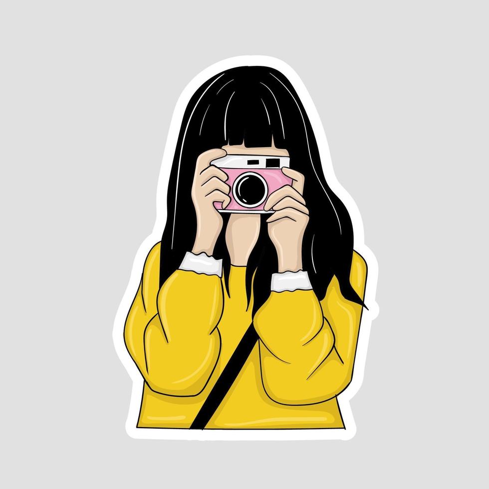 Colorful hand drawn girl with yellow dress taking a photo stickers vector