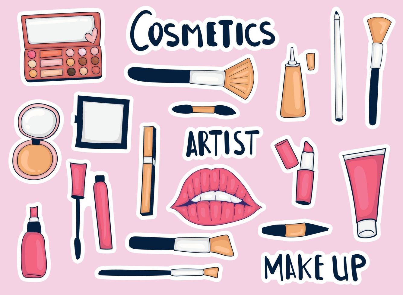 Colorful Hand drawn Make up Tools Sticker Collection vector