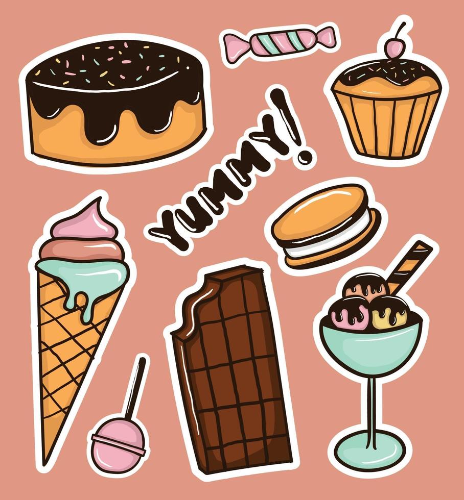 Colorful Hand drawn Sweet Food stickers collection vector