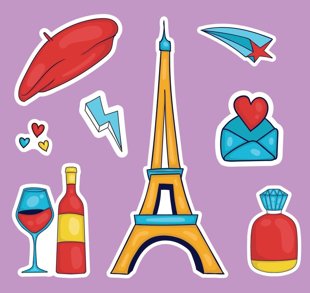 Colorful Hand drawn france element stickers collection vector