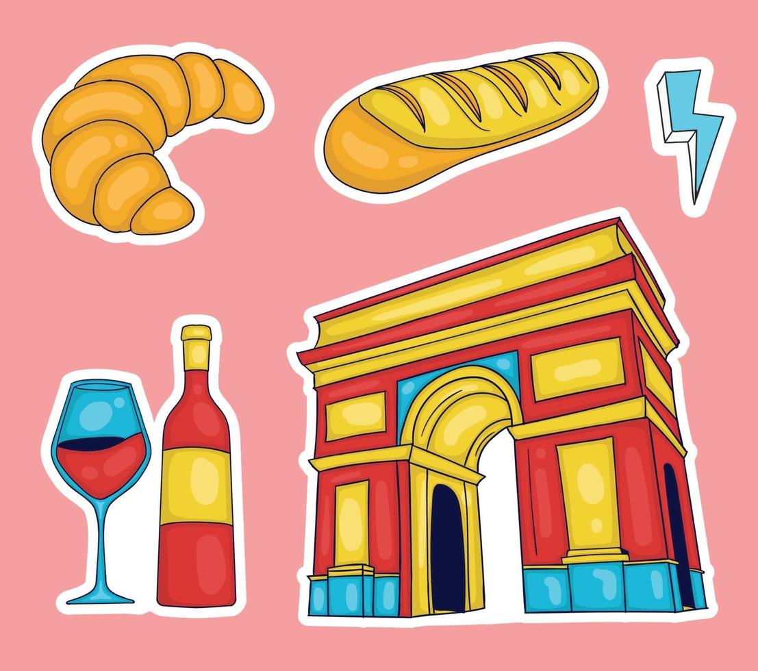 Colorful Hand drawn france element stickers collection vector