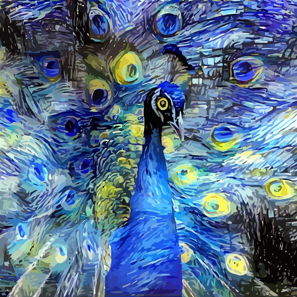 noche estrellada impresionista pavo real parodia retrato pintura vector