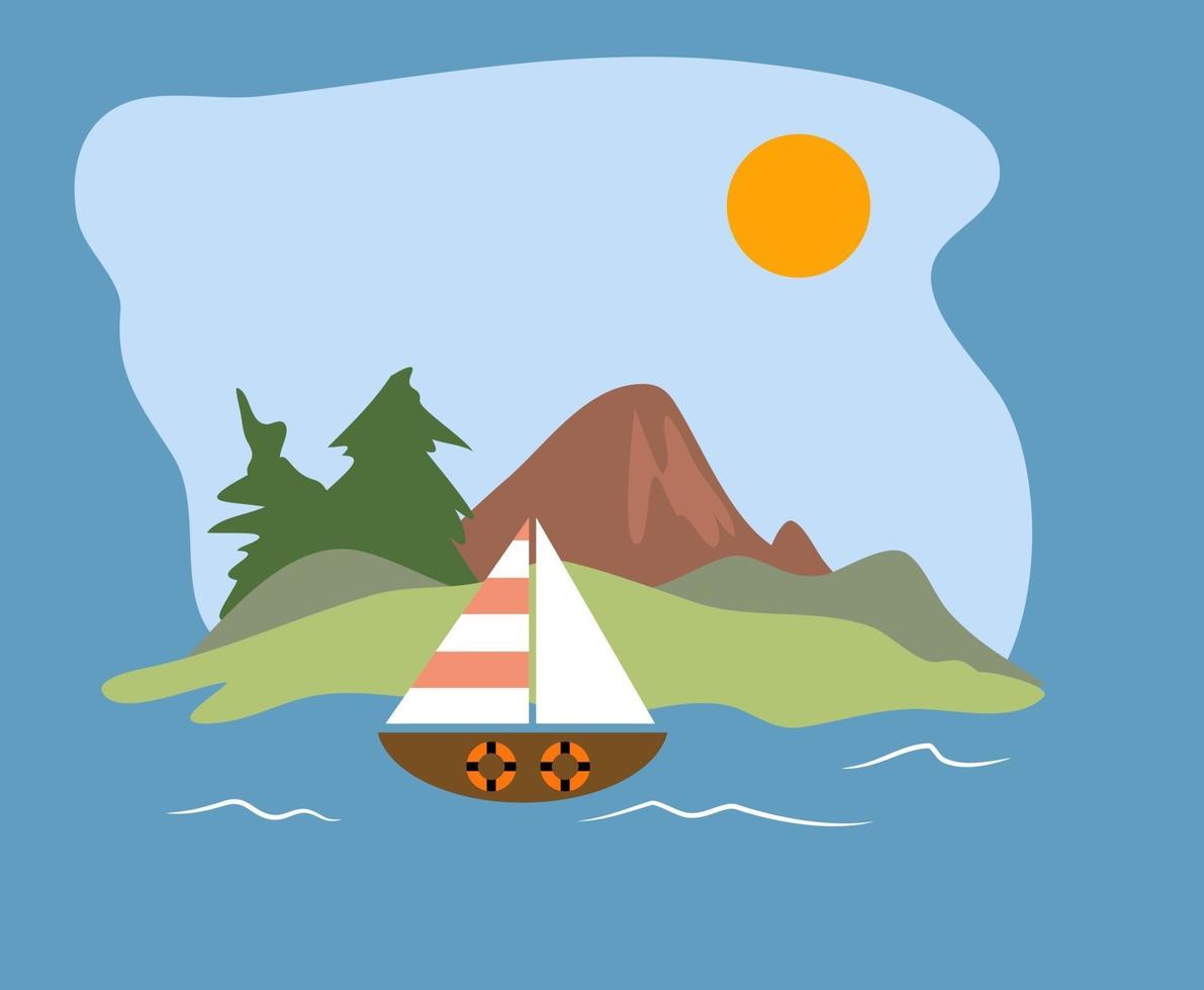 Simple Nautical Sailing Boat Chugging along the Coast vector