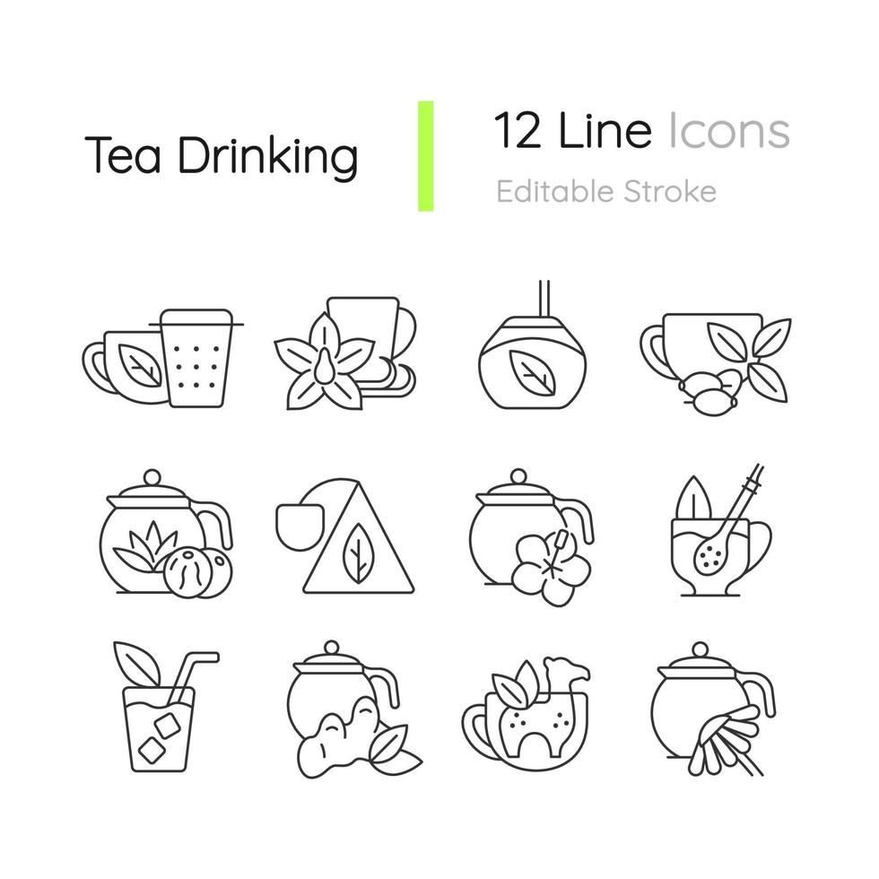 Tea drinking related linear icons set vector