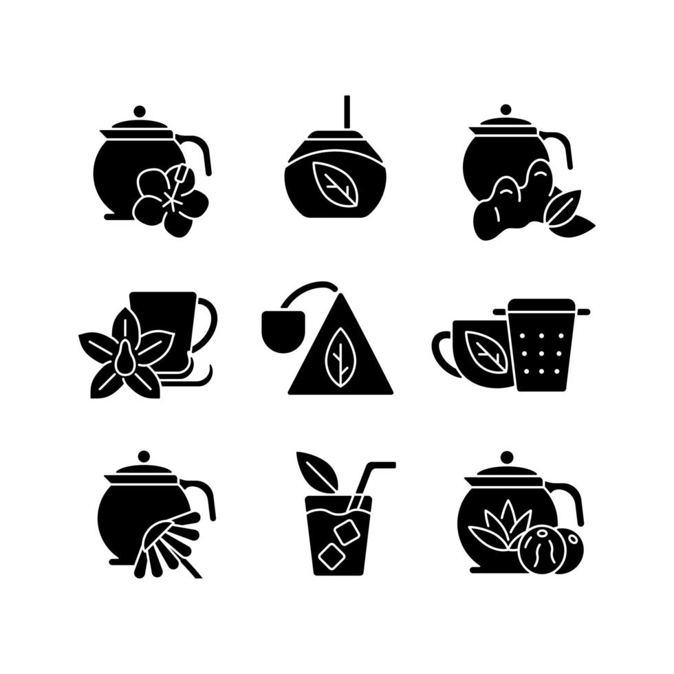 Té y bebidas similares a té iconos de glifos negros en espacio en blanco vector