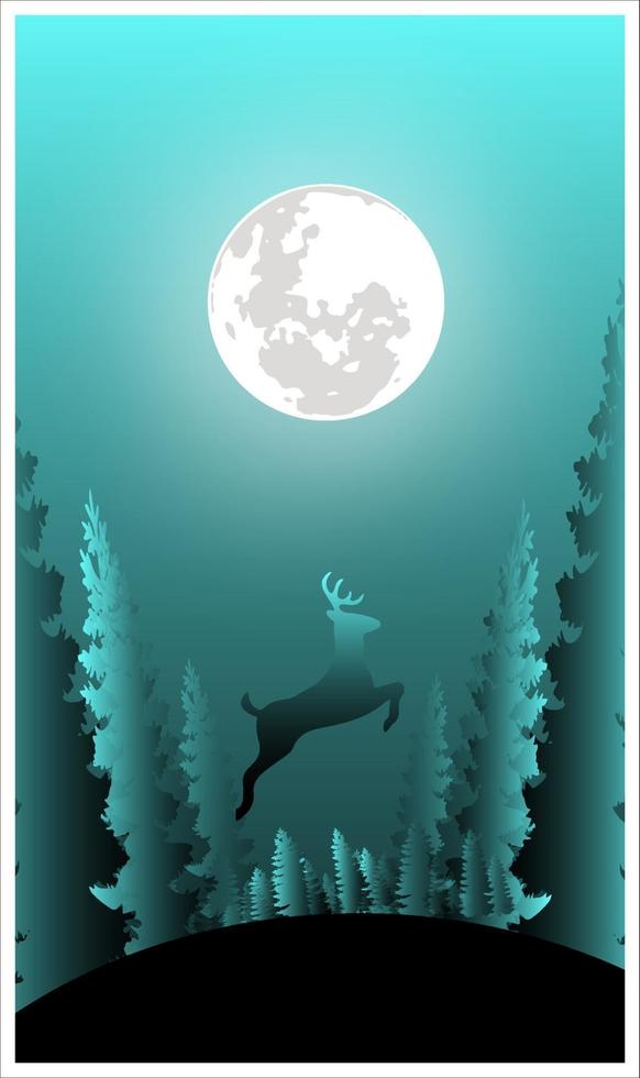 Vector image of night scene illustration with full moon and deer