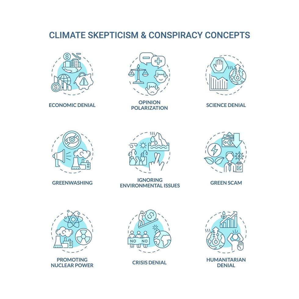 Climate skepticism and conspiracy blue concept icons set vector