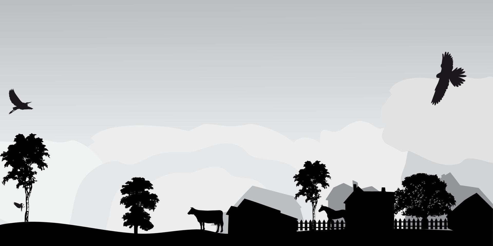 paisaje gris con árboles y pueblo vector