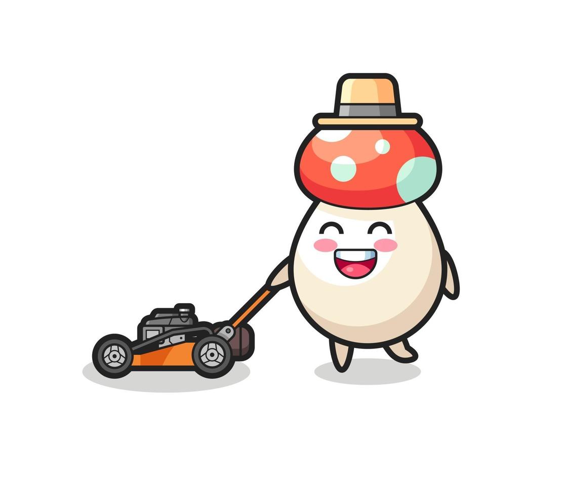 illustration of the mushroom character using lawn mower vector