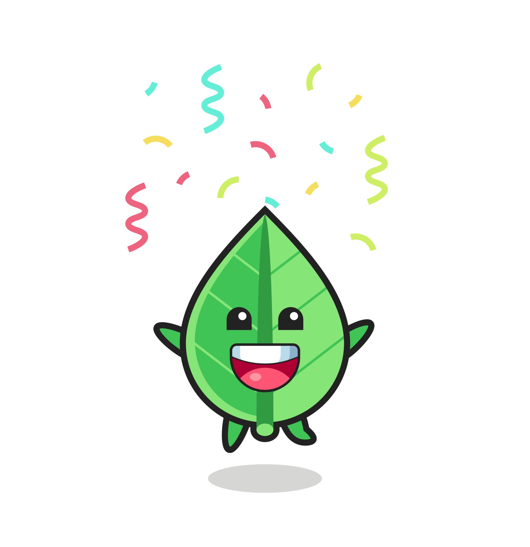 happy leaf mascot jumping for congratulation with colour confetti ...