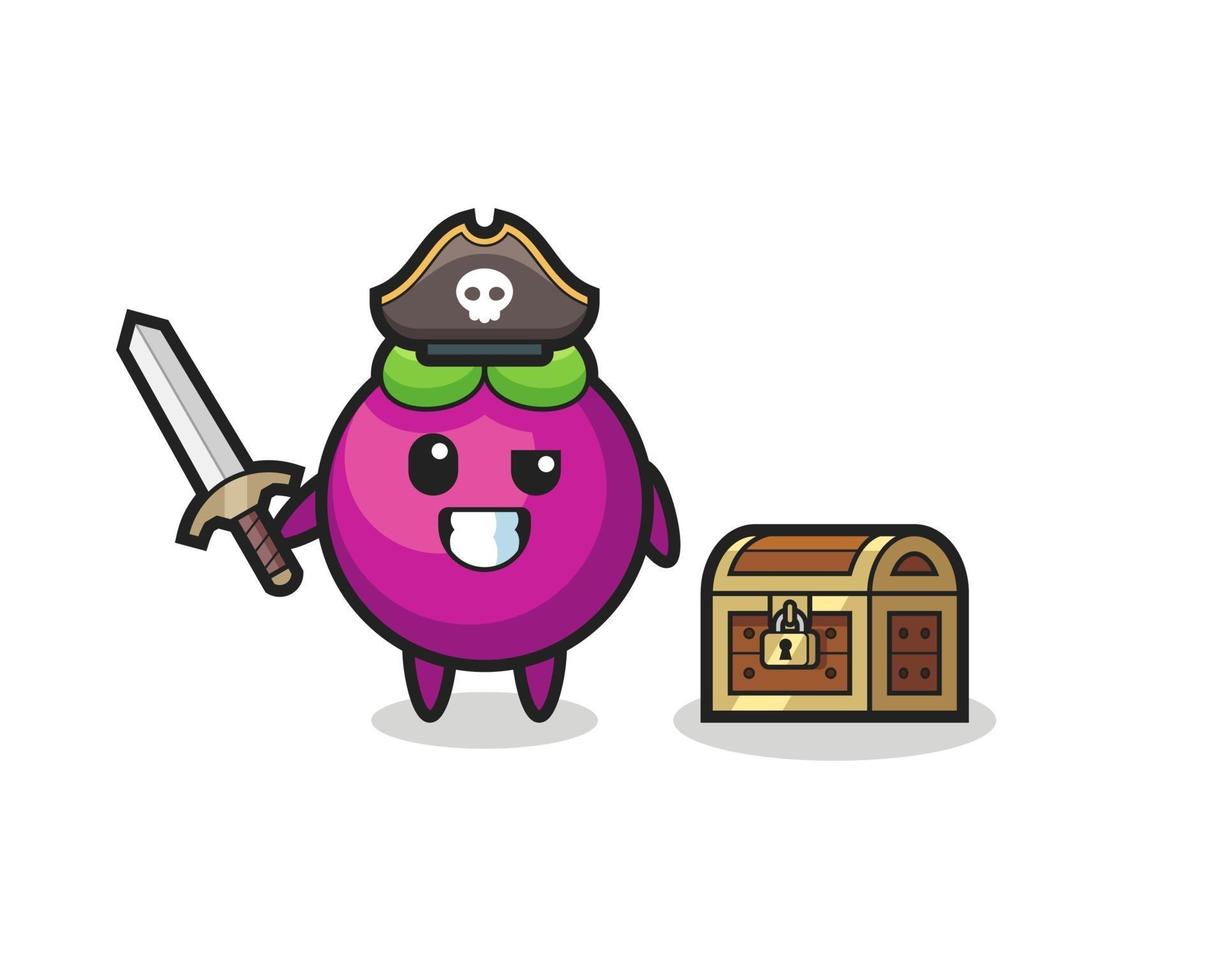 el personaje pirata de mangostán sosteniendo la espada junto a un cofre del tesoro vector