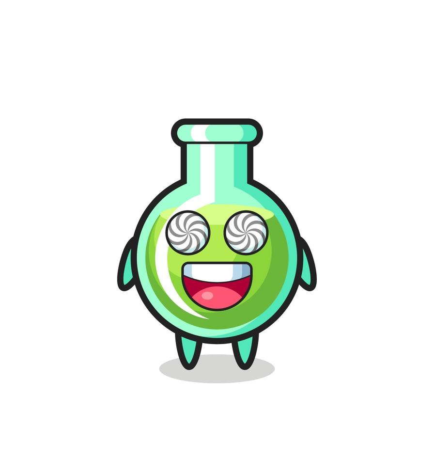 Lindo personaje de vasos de laboratorio con ojos hipnotizados. vector