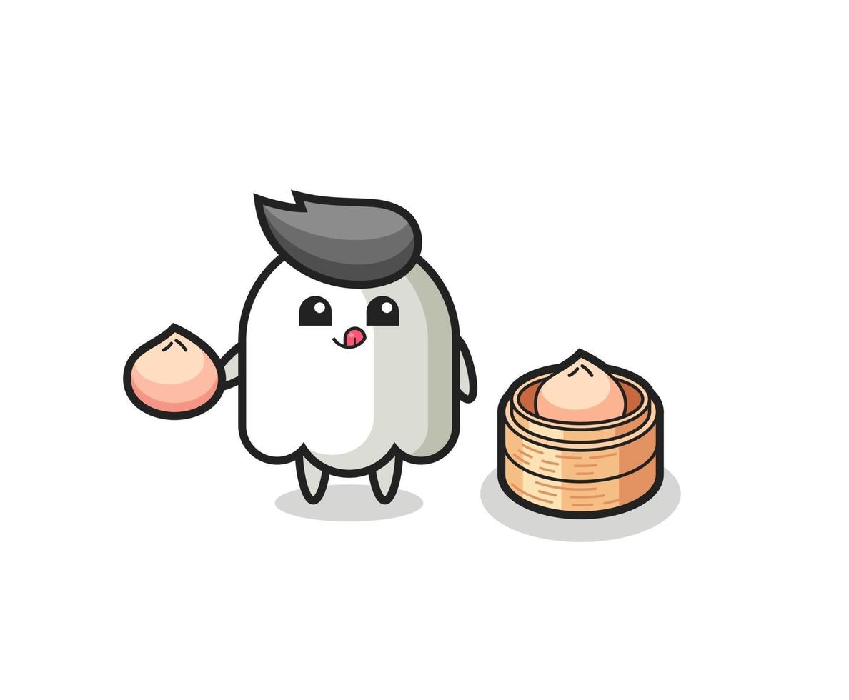 cute ghost character eating steamed buns vector