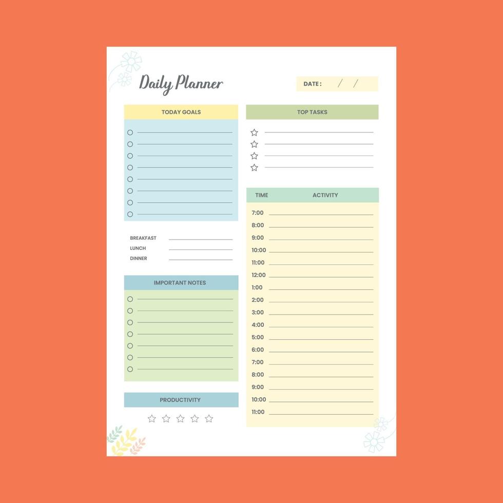 Daily Planner schedule printable activity interior template design vector