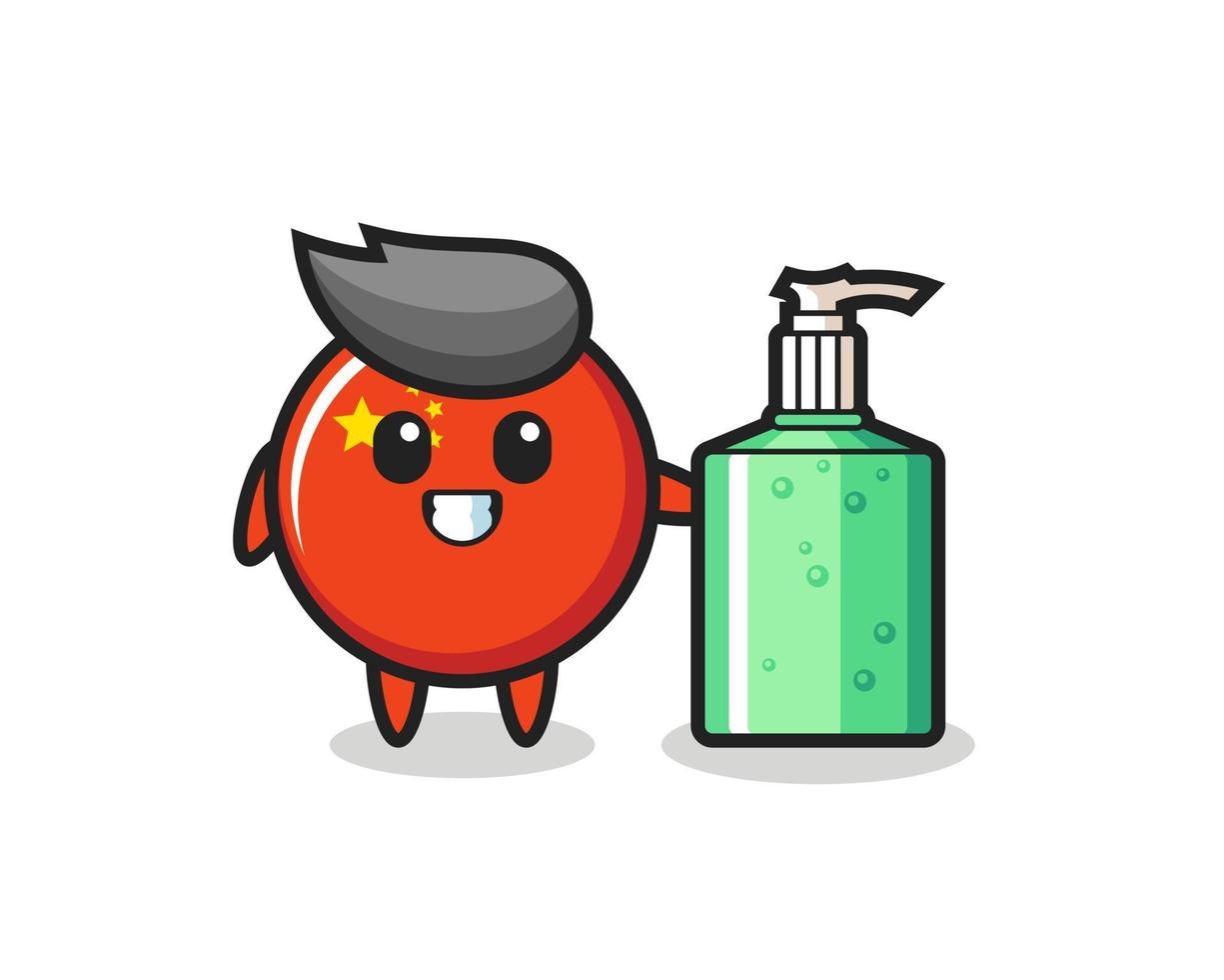 cute china flag badge cartoon with hand sanitizer vector