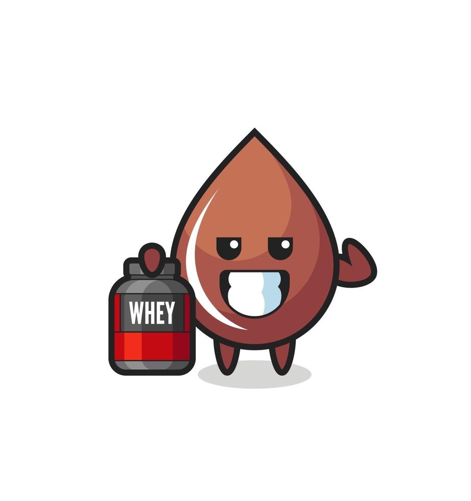 the muscular chocolate drop character is holding a protein supplement vector