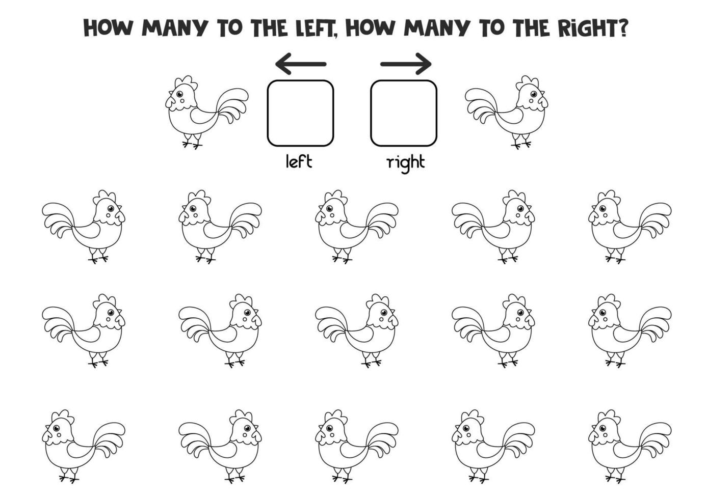 Left or right with black and white rooster. Logical worksheet vector