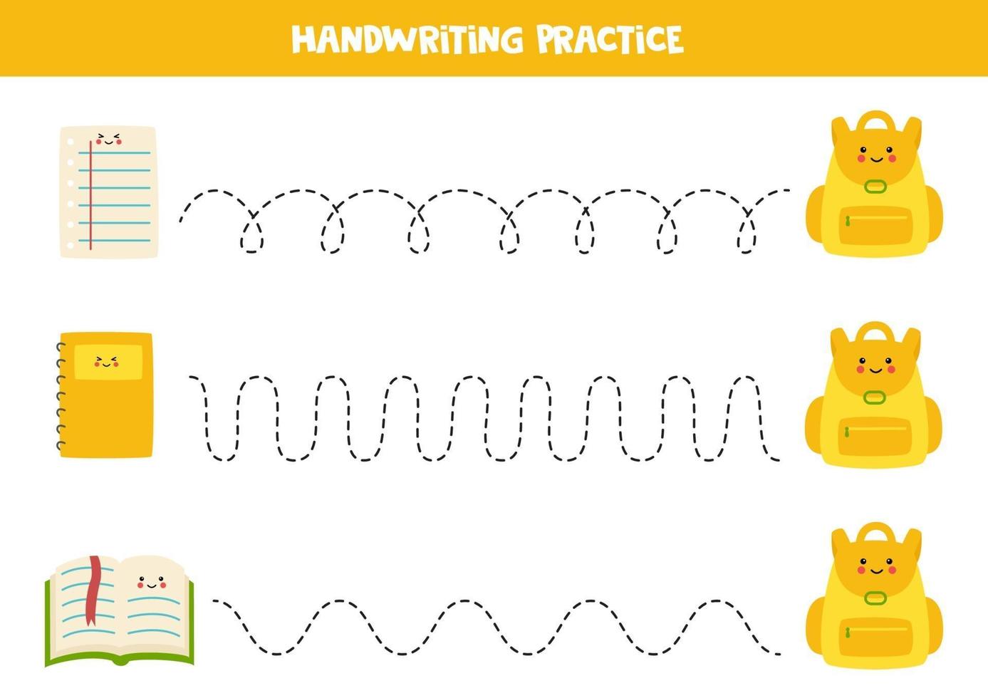 Tracing lines with cartoon sheet, notebook, book and rucksack. vector