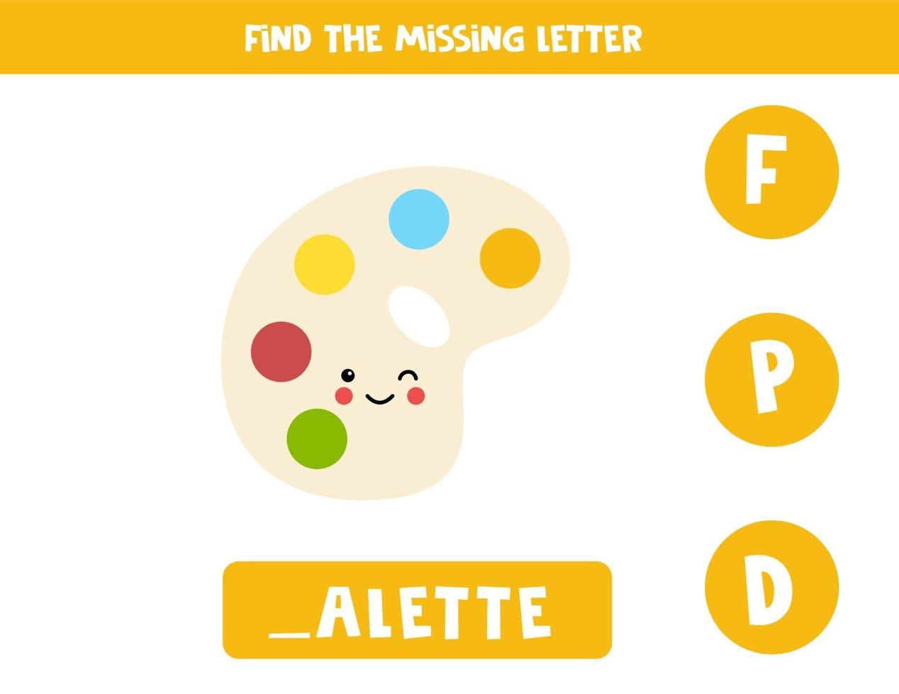 Find missing letter with cute artist palette. Spelling worksheet. vector