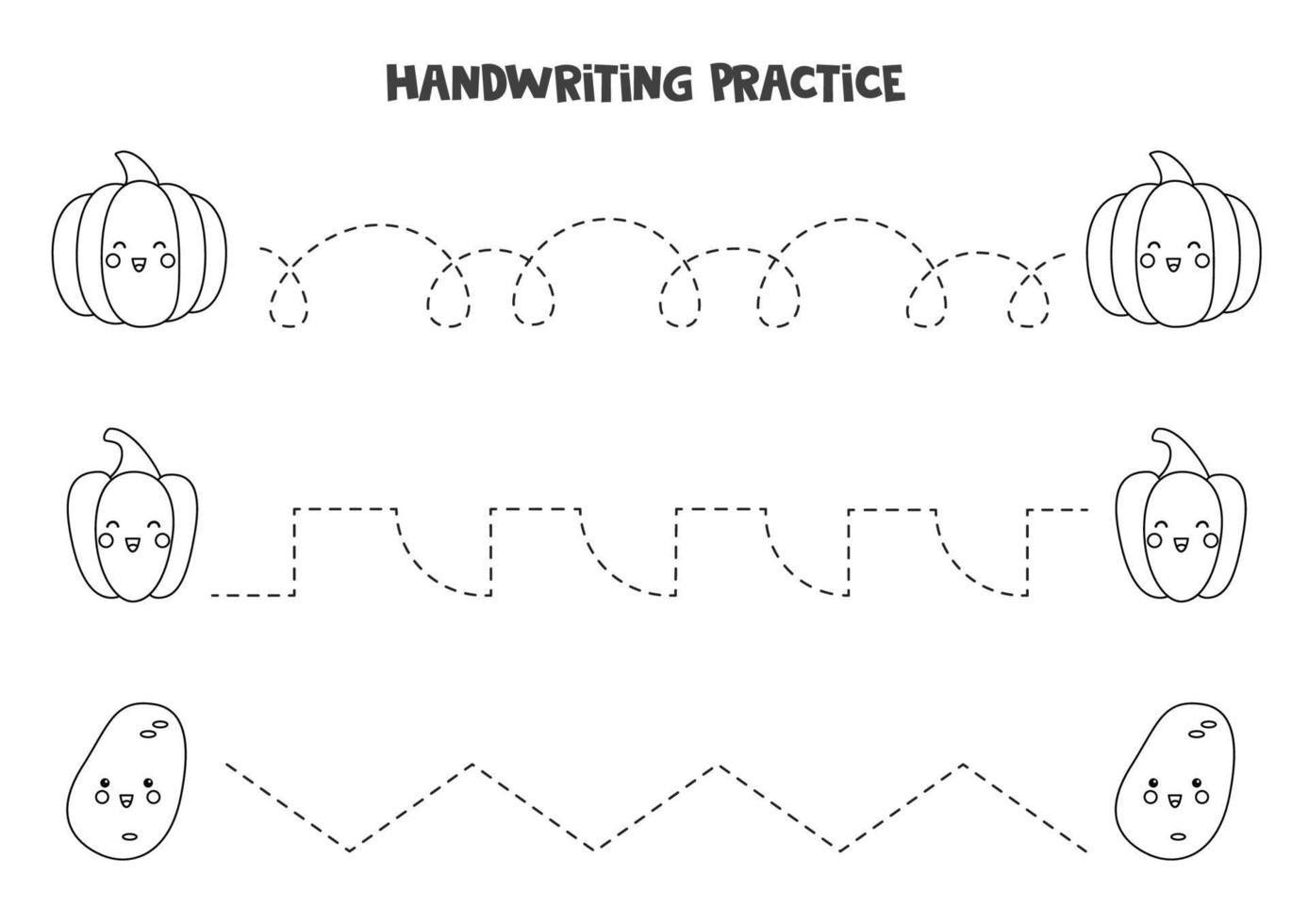 Tracing lines with cute black and white vegetables. Writing practice. vector