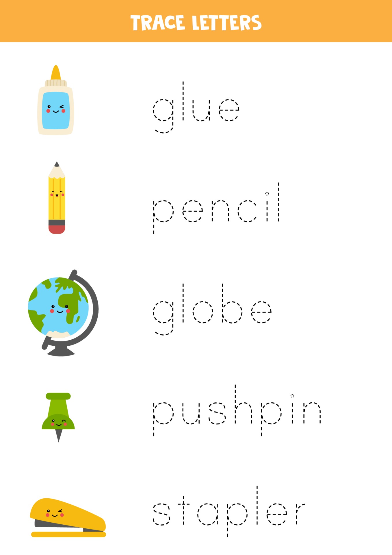 Tracing words of school supplies. Writing practice. 3393867 Vector Art