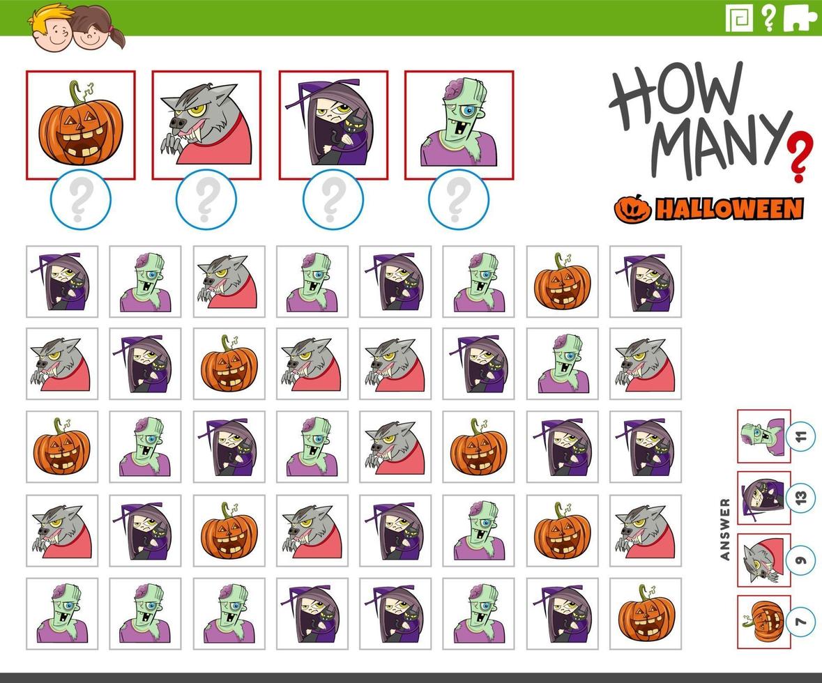 how many cartoon Halloween characters counting game vector