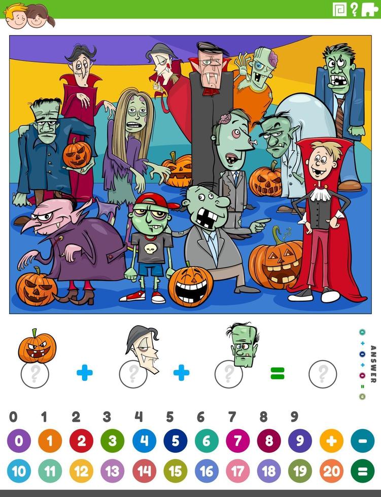 counting and adding game with cartoon Halloween characters vector