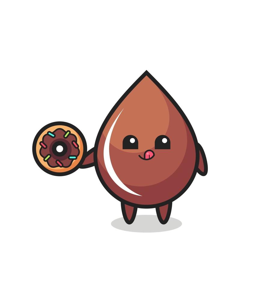 Ilustración de un personaje de gota de chocolate comiendo una rosquilla vector