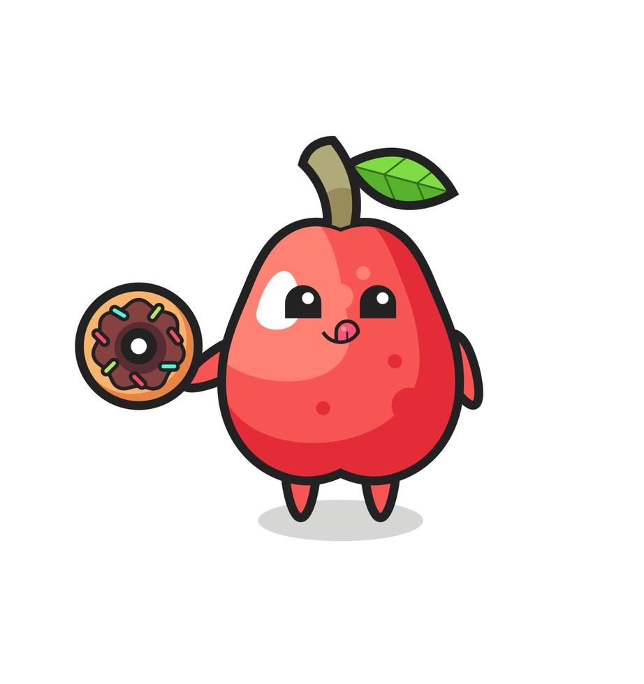 illustration of an water apple character eating a doughnut vector