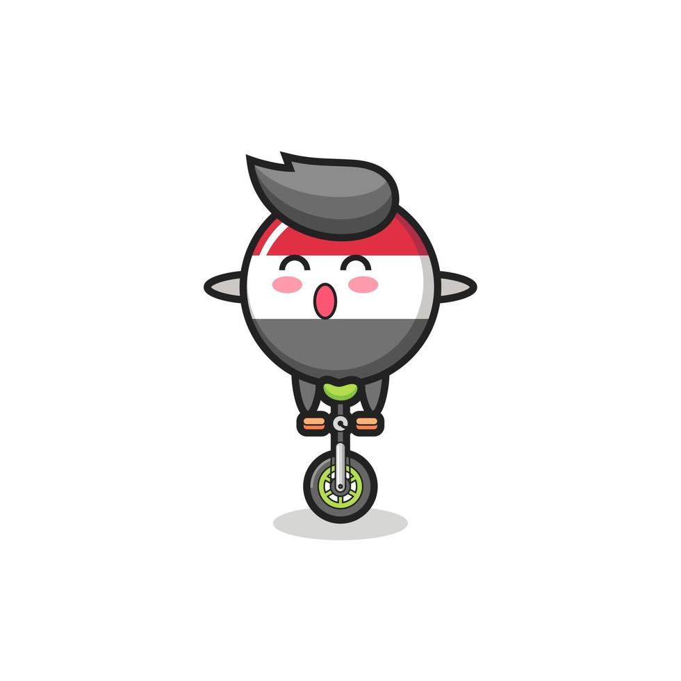 The cute yemen flag badge character is riding a circus bike vector