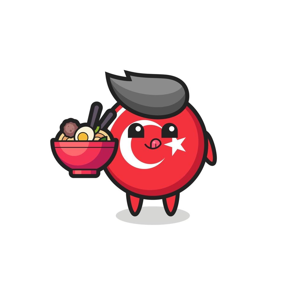 cute turkey flag badge character eating noodles vector