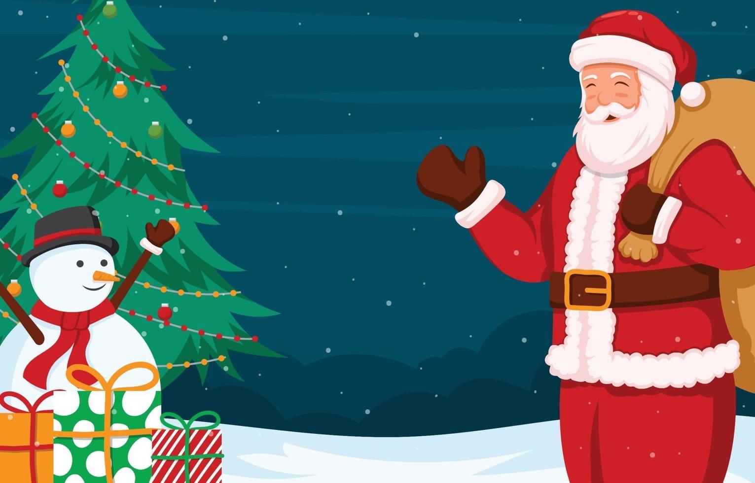 Santa Claus With Christmas Tree and Snowman vector