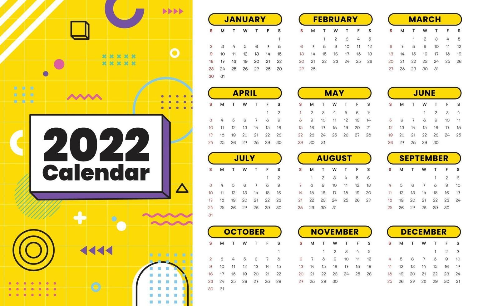 Calendario 2022 con concepto de estilo memphis. vector
