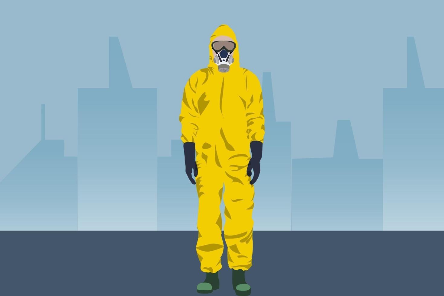 un hombre vestido con trajes de materiales peligrosos aislado en el fondo de la calle vacía de la ciudad. vector