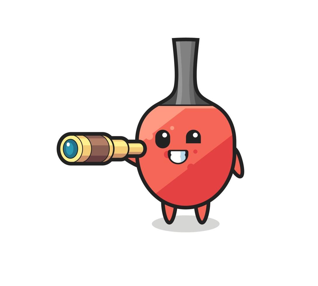 cute table tennis racket character is holding an old telescope vector