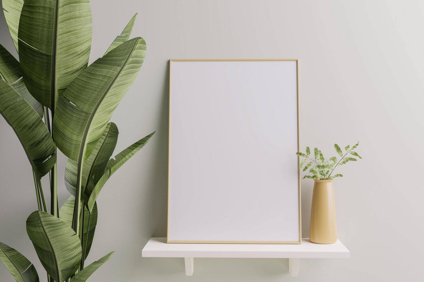 Picture frame placed on the shelf with flower pots. photo