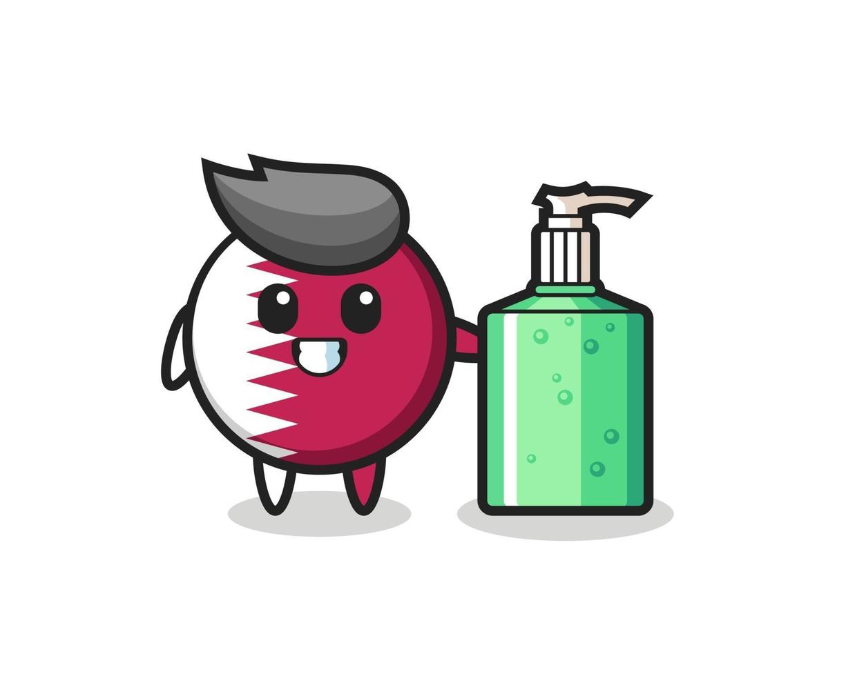 cute qatar flag badge cartoon with hand sanitizer vector