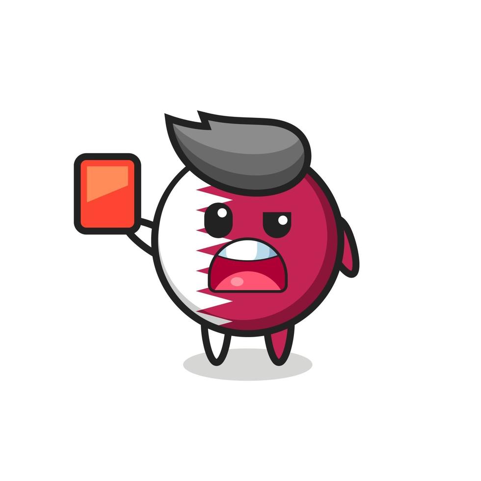qatar flag badge cute mascot as referee giving a red card vector