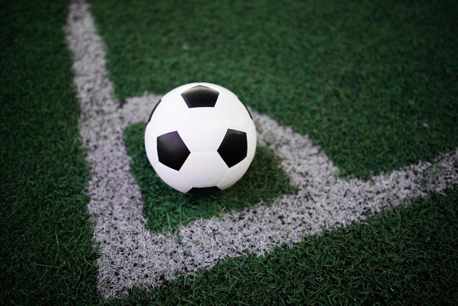 soccer ball on the white line at stadium photo