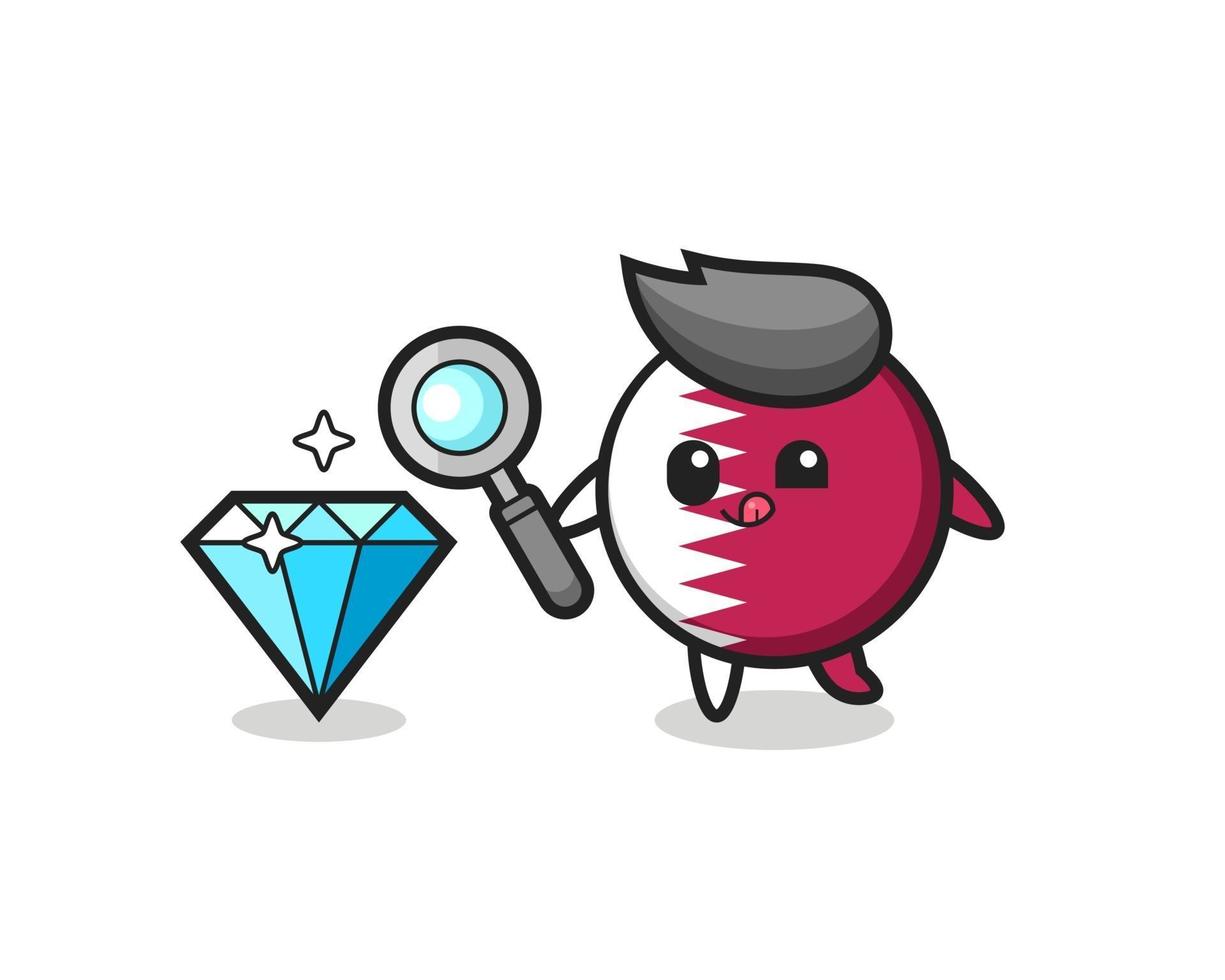 qatar flag badge mascot is checking the authenticity of a diamond vector