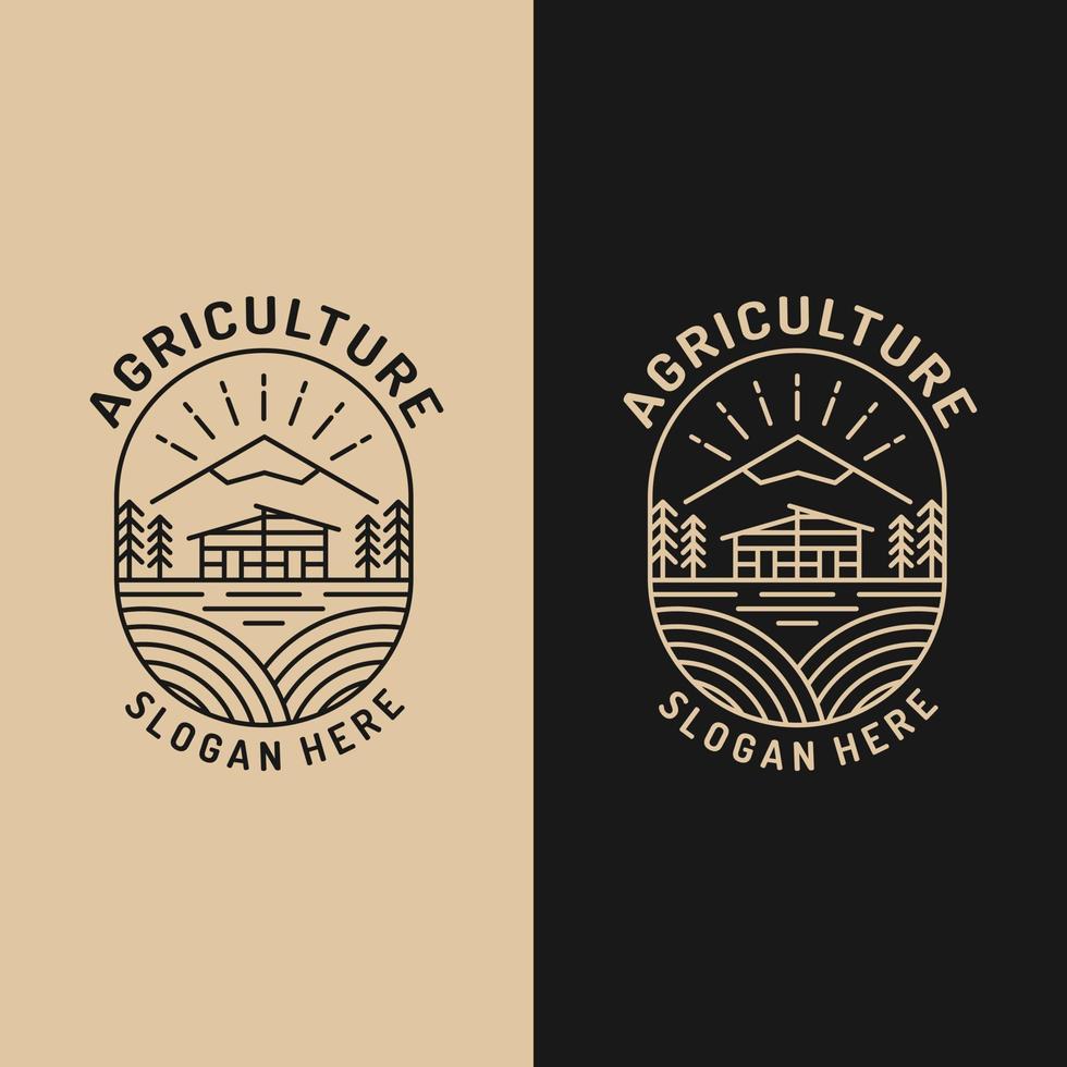 Farm Field with House and Mountain Line Style Logo Design Template vector