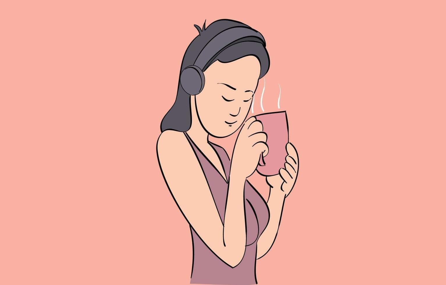 mujer joven escuchando música desde el auricular con un gran café caliente. vector