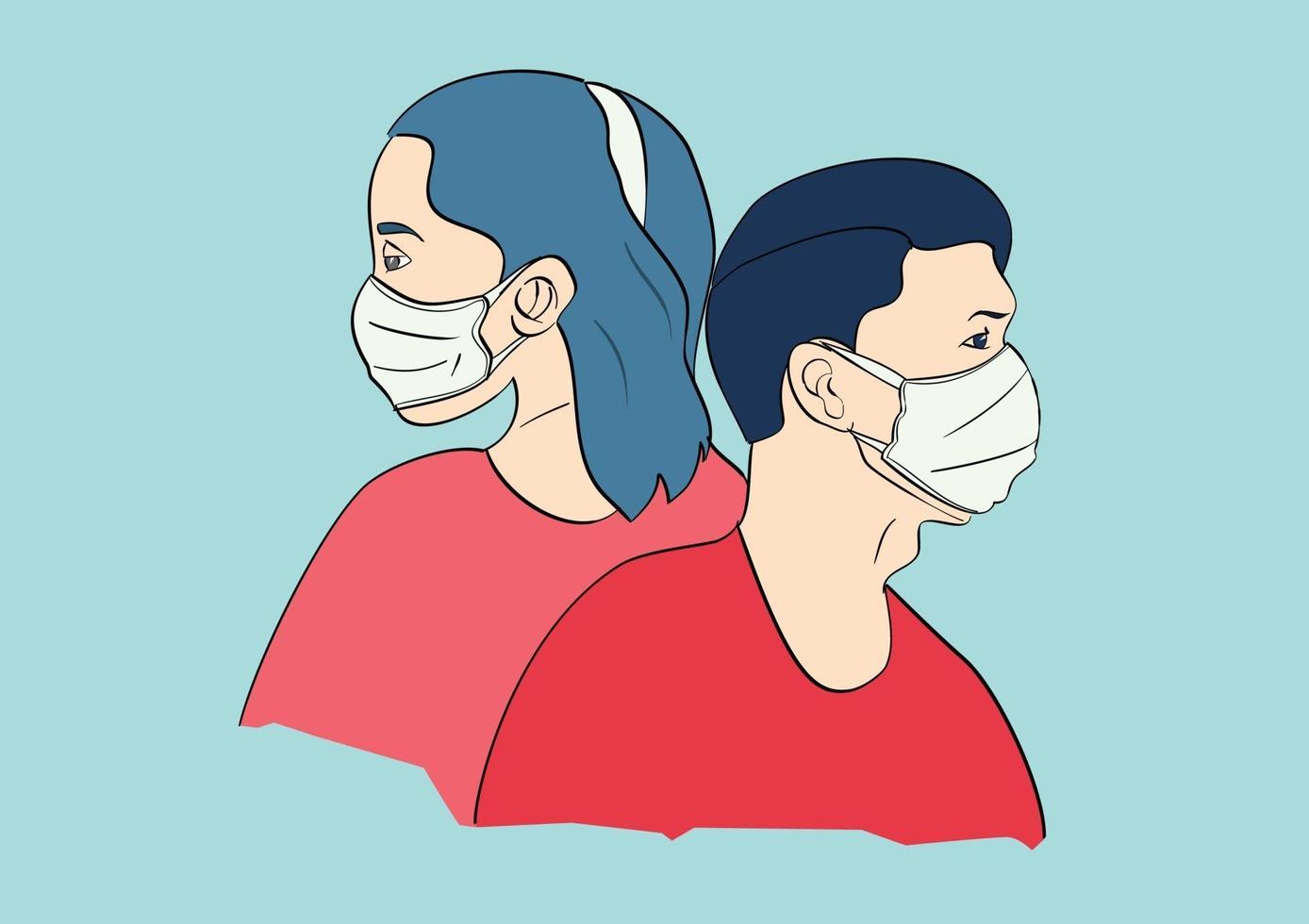 Man and Woman profile face in medical mask vector