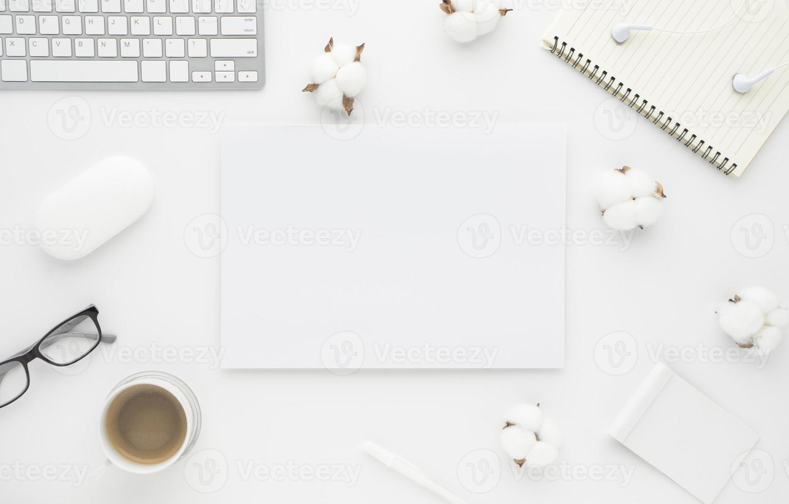 Office desk table top view with office supply, white table 3395457