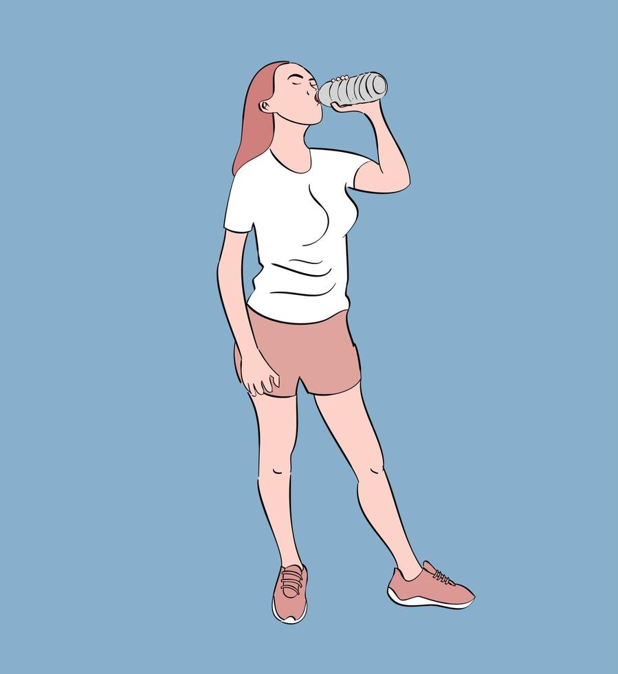 mujer joven está bebiendo agua mineral de una botella de plástico. vector