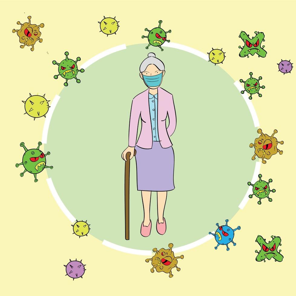 Old woman stand in a bubble that protects against the coronavirus vector