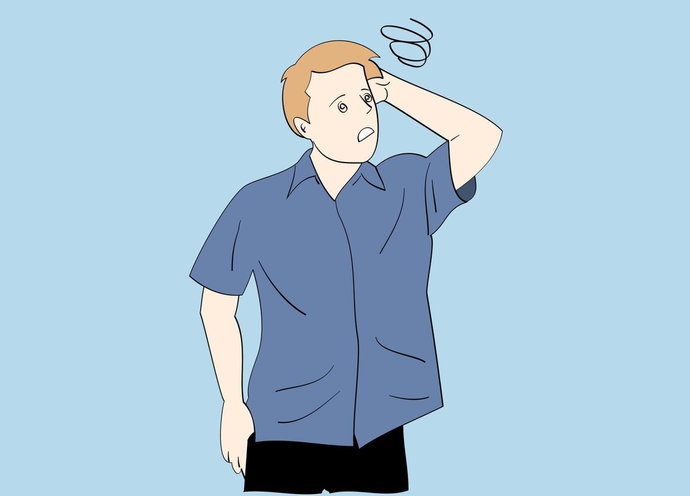 Man holding his hair confused, his head dizzy. vector