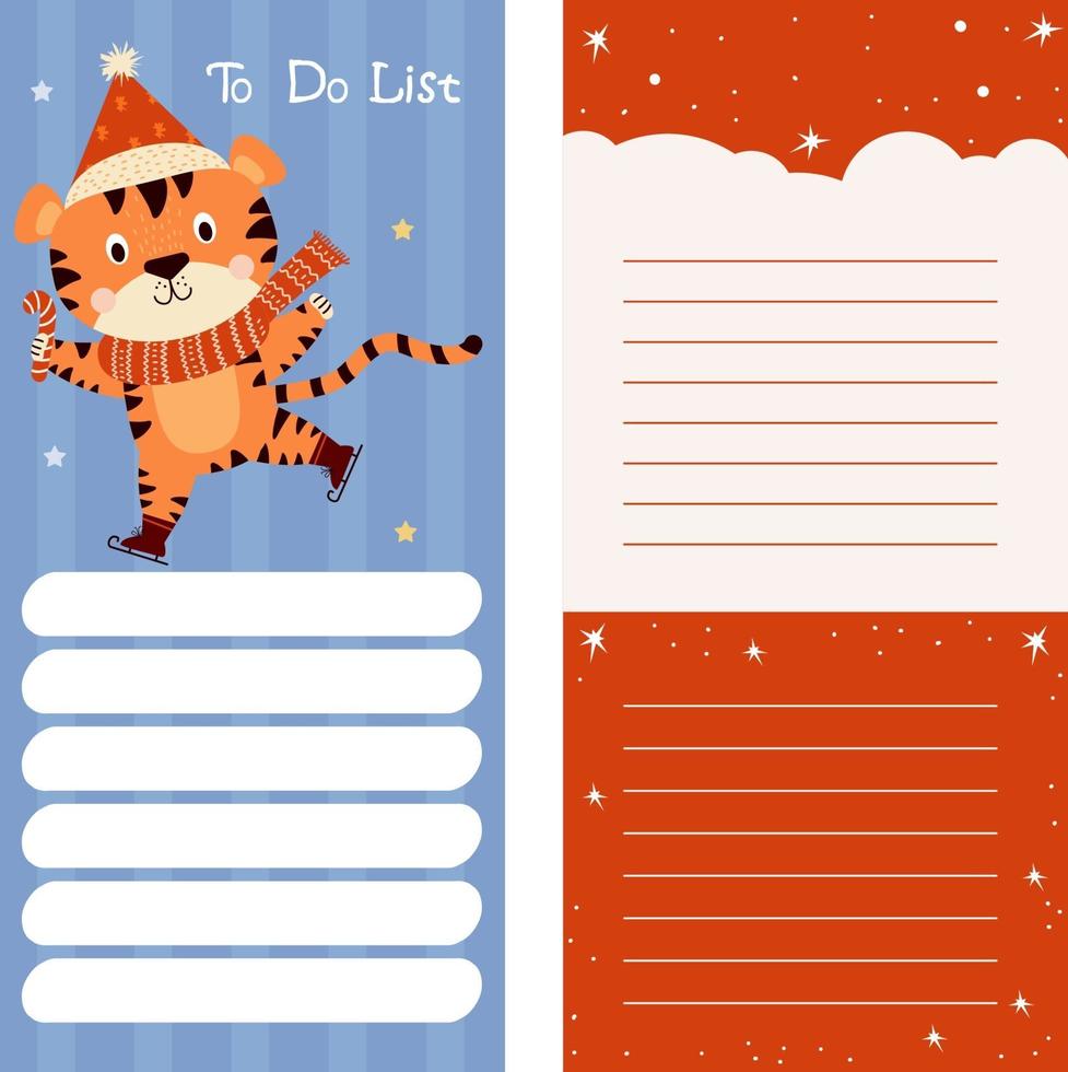 planner, note paper, to-do list decorated with cute tiger On skates vector