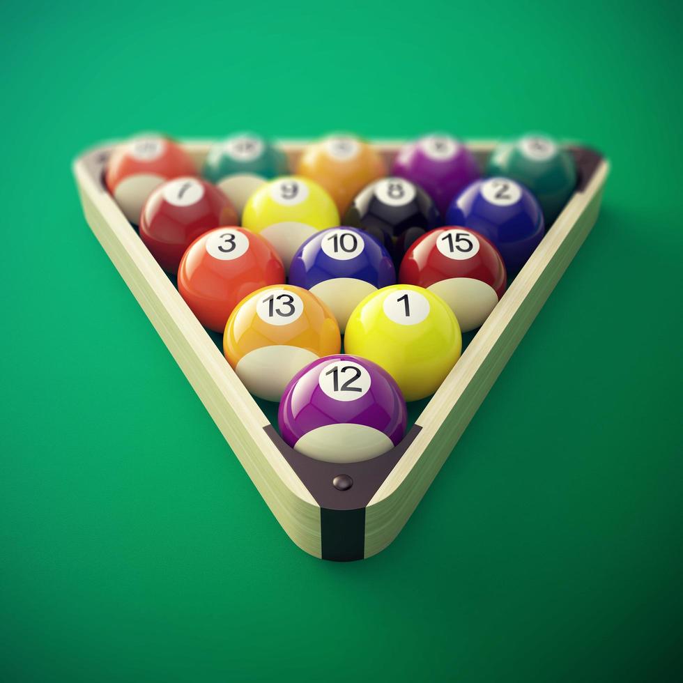 Pool billiard balls in a wooden rack. 3d illustration photo