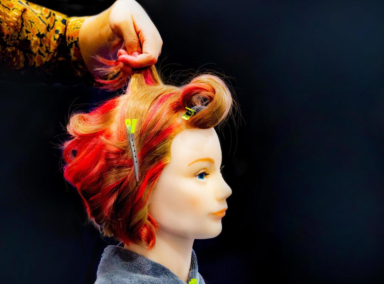 Hair dyeing, Hairstyles on dummy head of hair salon photo